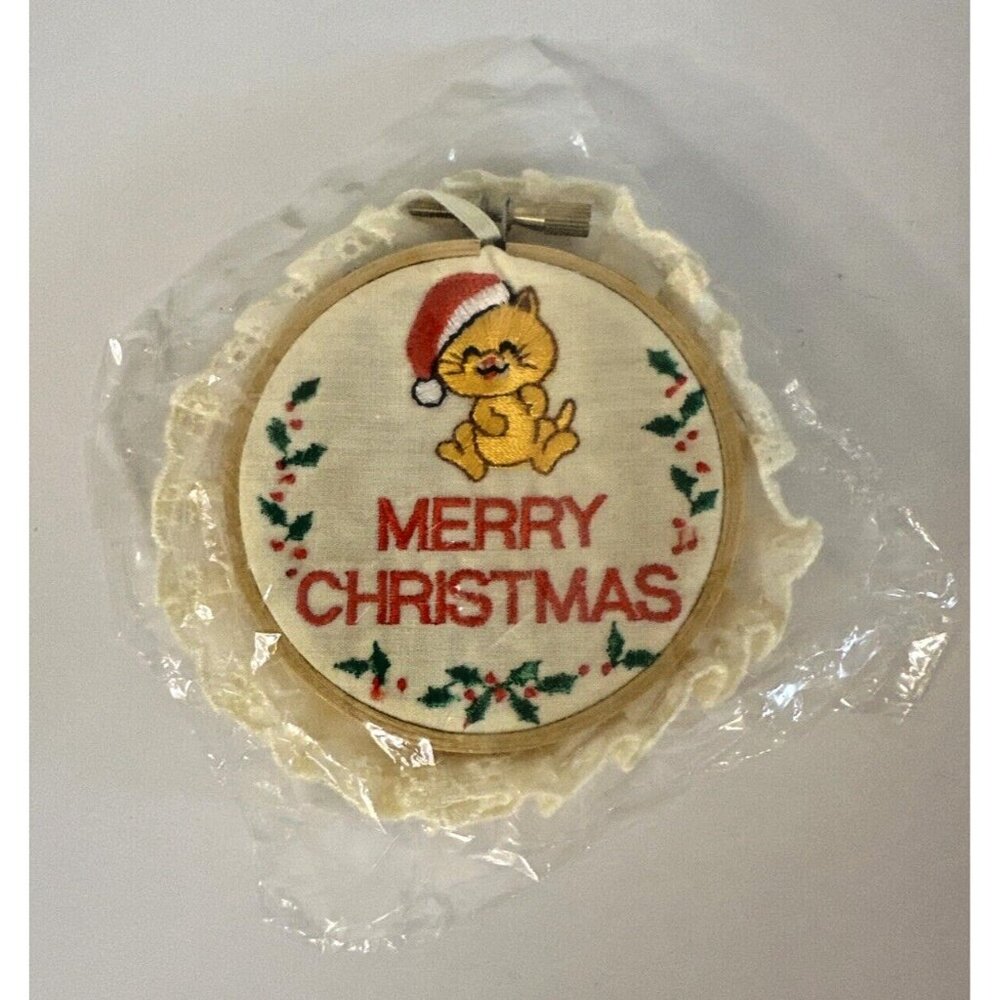 Russ Berrie 1970s Vintage Merry Christmas Santa Cat Ornament Lace New In Package